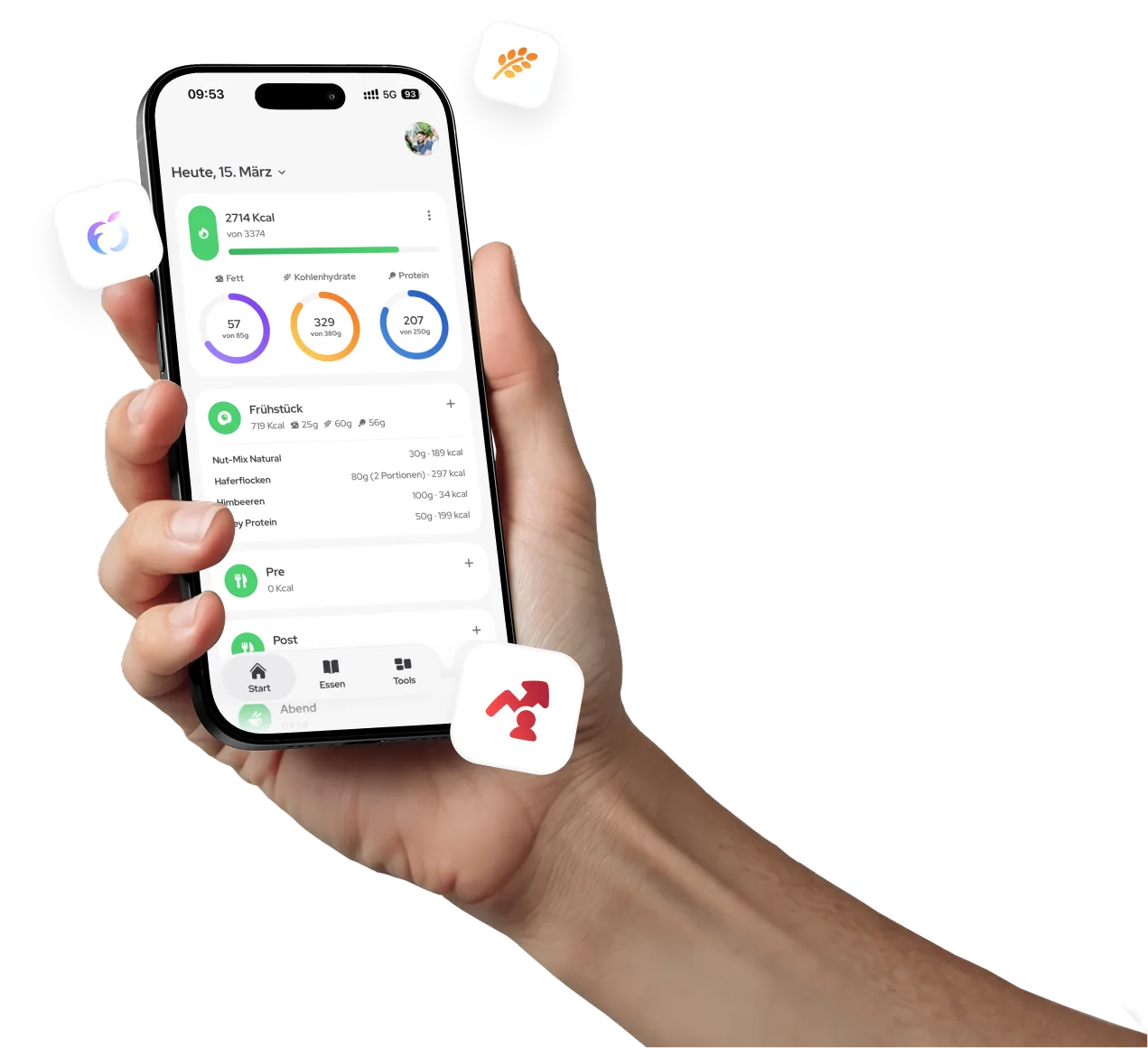 foodsoption Kalorienzähler App auf dem iPhone: Tagesübersicht mit Kalorien und Makro-Ringen für Fett, Kohlenhydrate und Protein