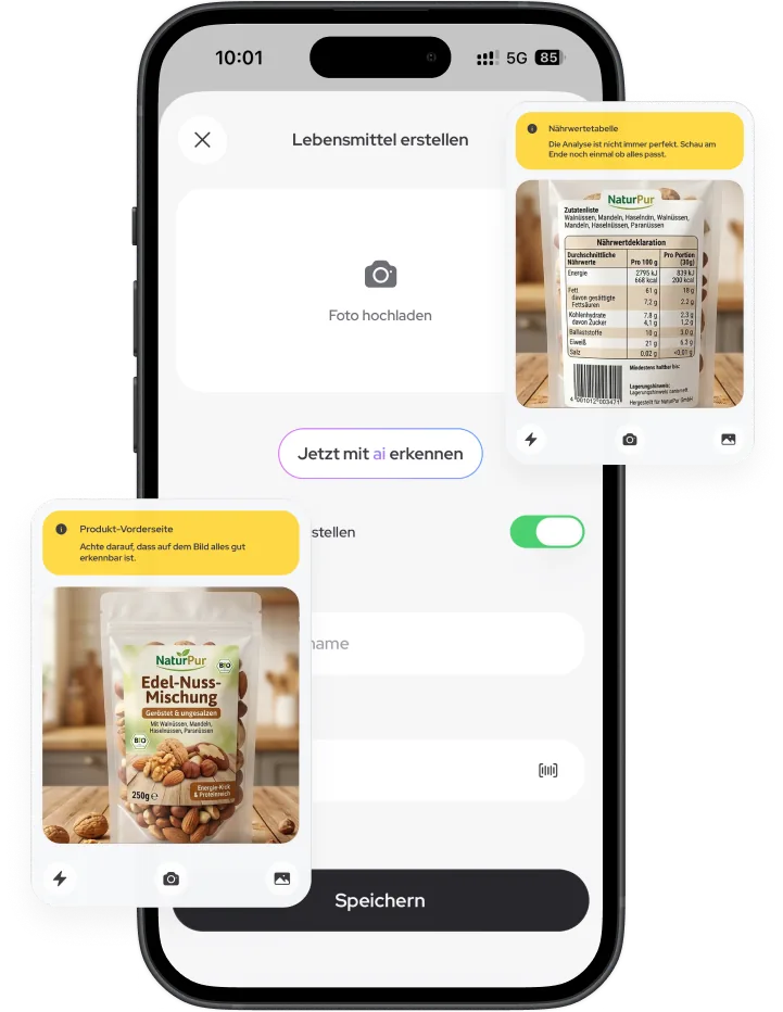 Screenshot Lebensmittel erstellen: Nährwerttabelle und Verpackung per Foto mit KI erkennen