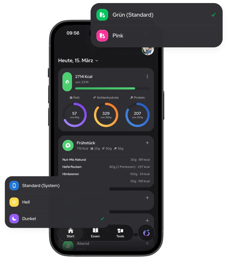 Screenshot foodsoption im Dark Mode mit Auswahl für Design und Akzentfarbe