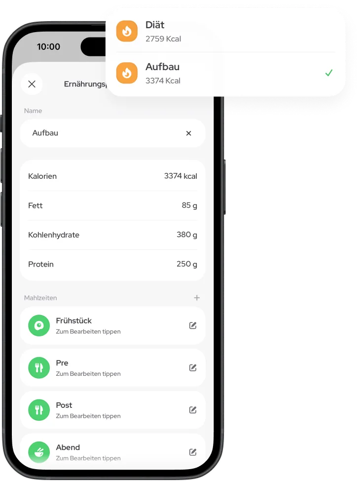 Screenshot Ernährungsplan „Aufbau“ mit Zielen für Kalorien, Fett, Kohlenhydrate und Protein